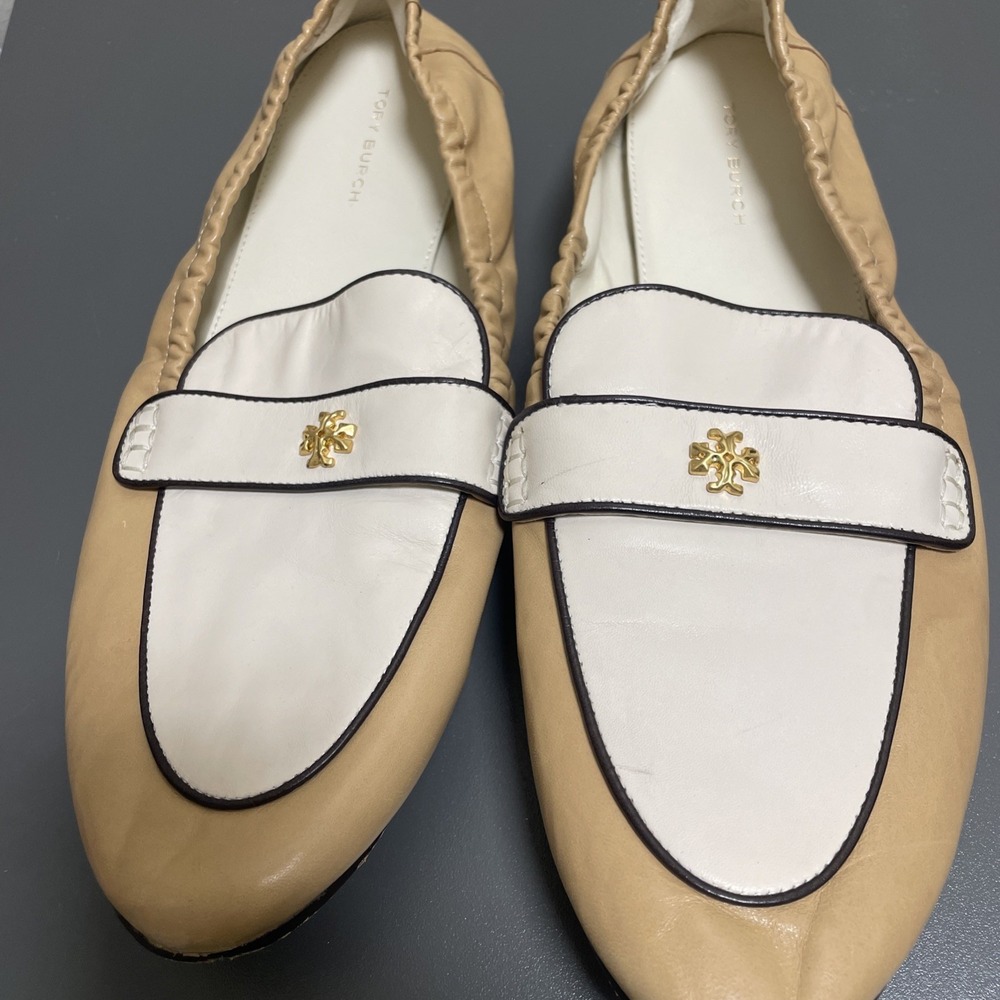 Tory Burch Minnie Ballet Leather Loafers Beige White Gold Logo Flats Size 10.5